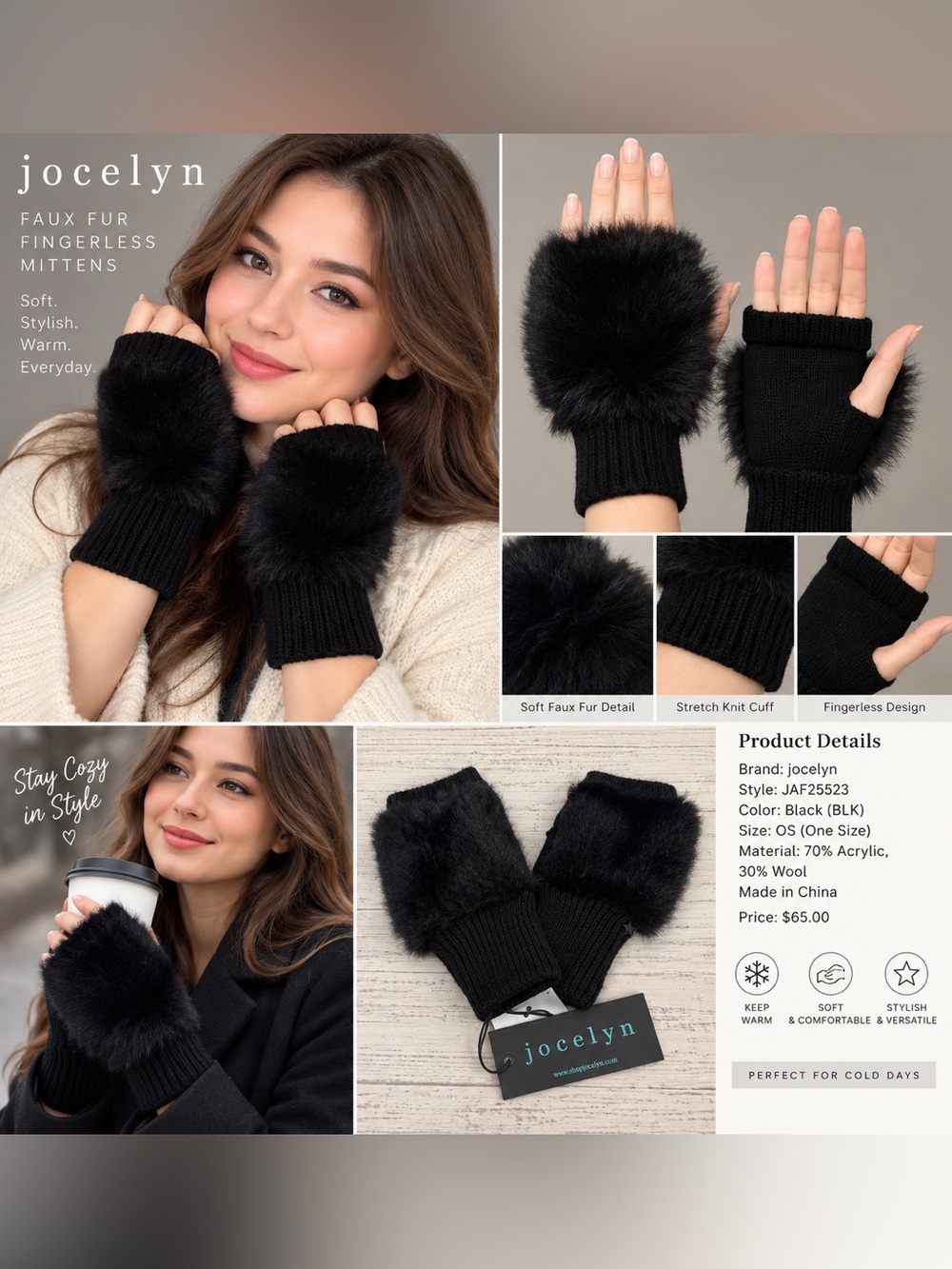 NWT jocelyn Black Faux Fur Fingerless Knit Mittens